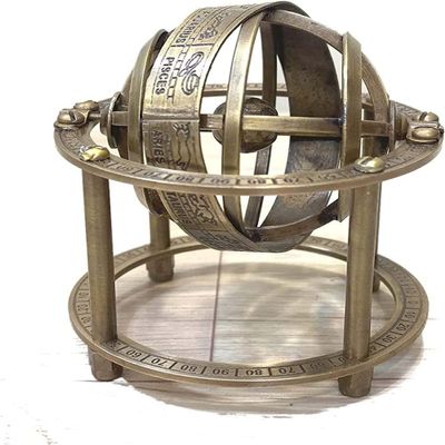AnNafi Zodiac Armillary Brass Sphere Globe Display 8" Wooden Base | Antique Vintage Earth Steampunk Pirate's Antique Ship Decor Showpiece Collectible for Office & Home | Metal Display Piece (Mini)