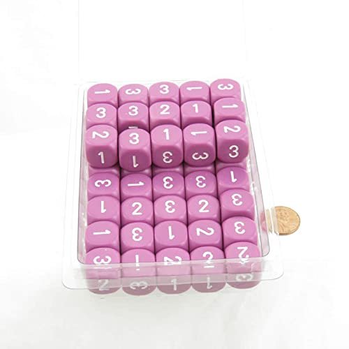 Light Purple Opaque Dice with White Numbers D3 (d6 1-3 Twice) 16mm (5/8in) Pack of 50 Wondertrail