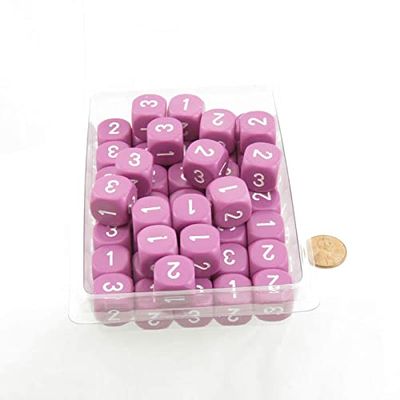 Light Purple Opaque Dice with White Numbers D3 (d6 1-3 Twice) 16mm (5/8in) Pack of 100 Wondertrail