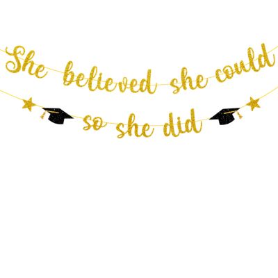 2025 Graduation Banner, Glittery She Believed She Could So She Did Banner Garland Photo Props Banner for Party Home Classroom Decorations (Gold)