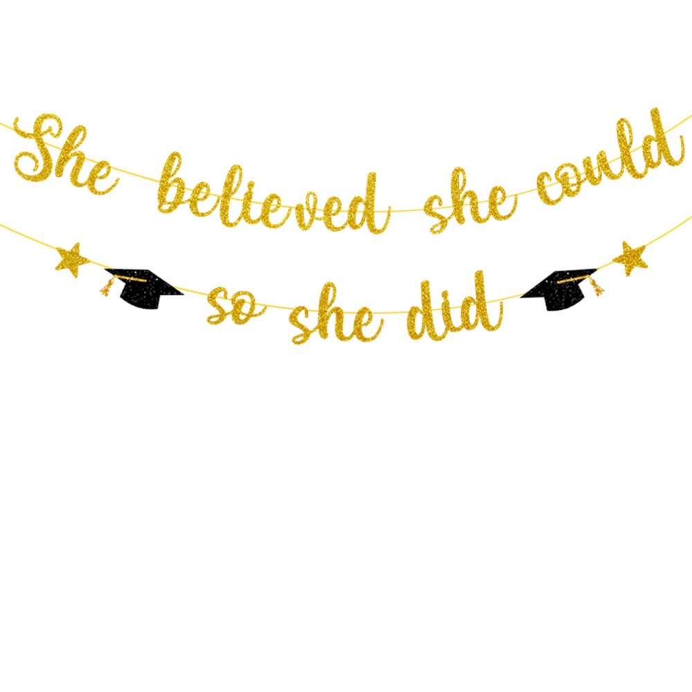 2025 Graduation Banner, Glittery She Believed She Could So She Did Banner Garland Photo Props Banner for Party Home Classroom Decorations (Gold)