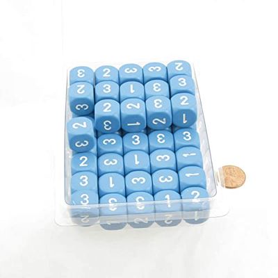 Light Blue Opaque Dice with White Numbers D3 (D6 1-3 Twice) 16mm (5/8in) Pack of 50 Wondertrail