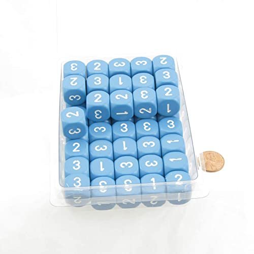 Light Blue Opaque Dice with White Numbers D3 (D6 1-3 Twice) 16mm (5/8in) Pack of 50 Wondertrail