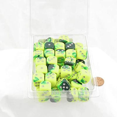 Green and Yellow Gemini Dice with Silver Pips D6 16mm (5/8in) Bulk Pack of 50 Wondertrail