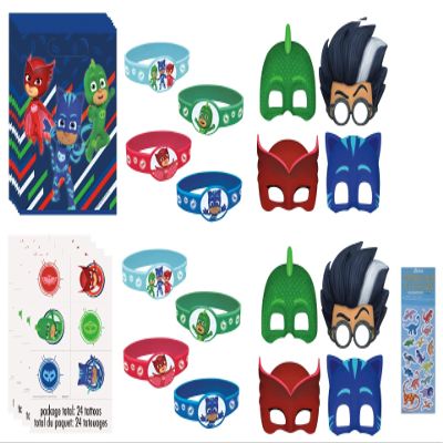 PJ Birthday Party Supplies Favor Bundle Pack includes 8 Loot Bags, 8 RubberBracelets, 24Tattoos, 8 Party PaperMasks, 1 Dinosaur Sticker Sheet