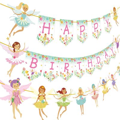 Fairy Birthday Party Decoration Flower Fairies Girls Banner Fairy Hanging Decoration Colorful Happy Birthday Banner Decorations for Fairy Garden Theme Party Supplies