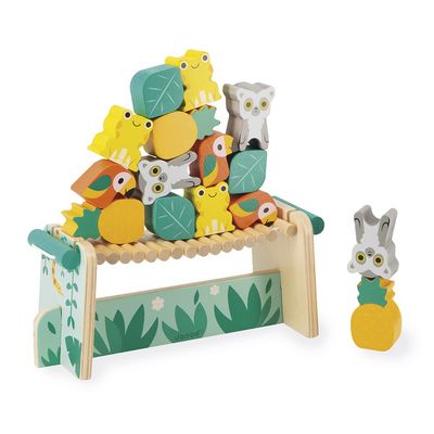 Janod - Tropik Tropical Balance Game - Wooden Toy - 1 Bridge to Construct and 15 Stackable Pieces - Educational Toy: Fine Motor Skills - Water-Based Paint - 2 Years + J08271