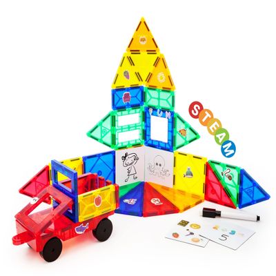 INSTABLOCK 45pcs Magnetic Tiles, Stickers, Mini Whiteboards and Car Set Magnet Building Blocks STEAM Learning Preschool Montessori Educational Sensory Toy for Age 3 + Kids Toddlers Boys & Girls 3D