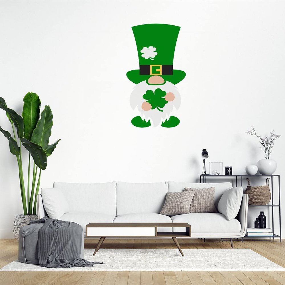 Clover Patrick Green Gnome Vinyl Wall Decal Clover St.Patrick's Day Wall Stickers Irish Decor Lucky Horseshoe Decorative Decals for Wall Nursery Wall Art Decor Sticker Living Room Bedroom