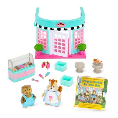 Li'l Woodzeez Scoops & Sprinkles Ice Cream Shop 21 Pieces Dollhouse Playset with 2 Figures & Storybook Miniature Food & Accessories Stackable Playset for 3+ Years