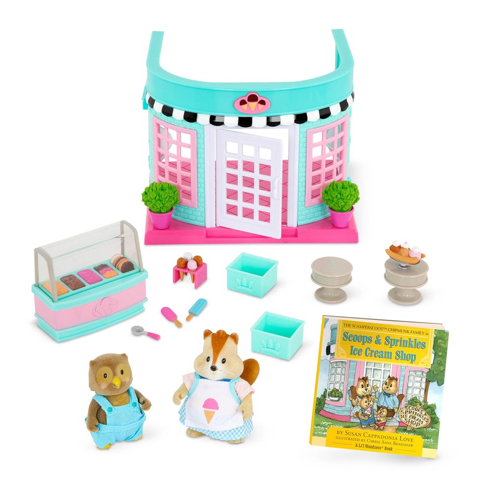 Li'l Woodzeez Scoops & Sprinkles Ice Cream Shop 21 Pieces Dollhouse Playset with 2 Figures & Storybook Miniature Food & Accessories Stackable Playset for 3+ Years