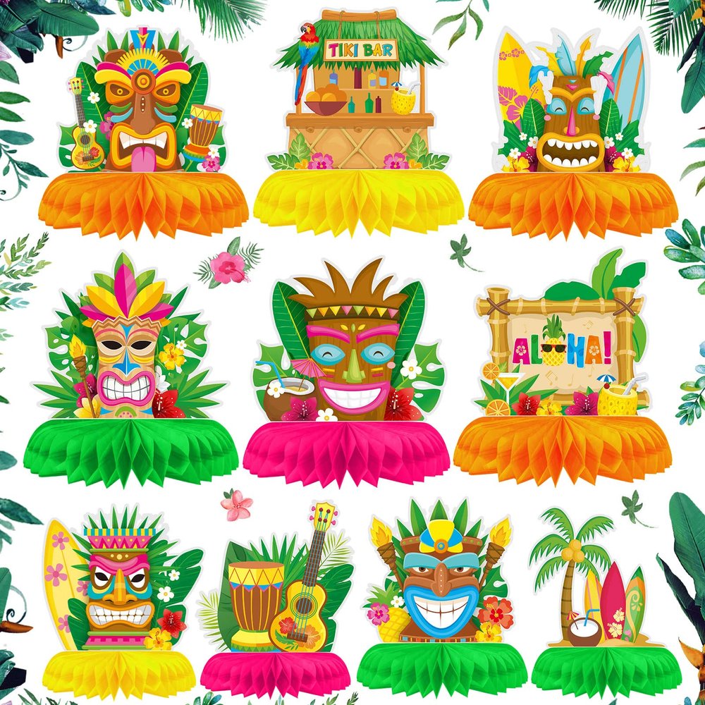 10 Pcs Hawaiian Luau Honeycomb Table Centerpiece Tiki Table Centerpieces Tiki Bar Decorations Luau Party Decorations for Adults Tiki Totem Decor Summer Tropical Honeycomb Centerpiece Beach Theme Decor