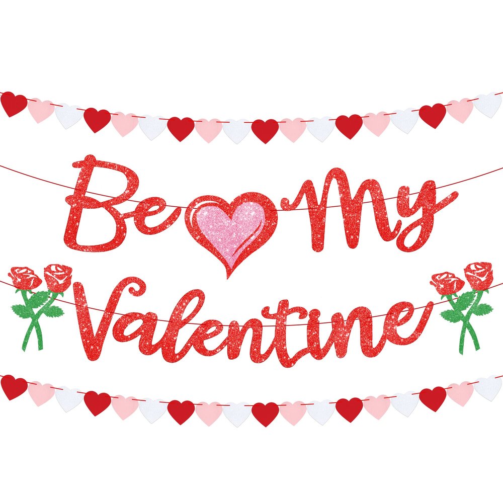 Be My Valentines Day Banner with Felt Heart Garland - 10 Feet, No DIY | Be My Valentine Banner for Valentines Day Decoration | Valentines Garland for Mantle | Romantic Proposal, Valentines Day Decor