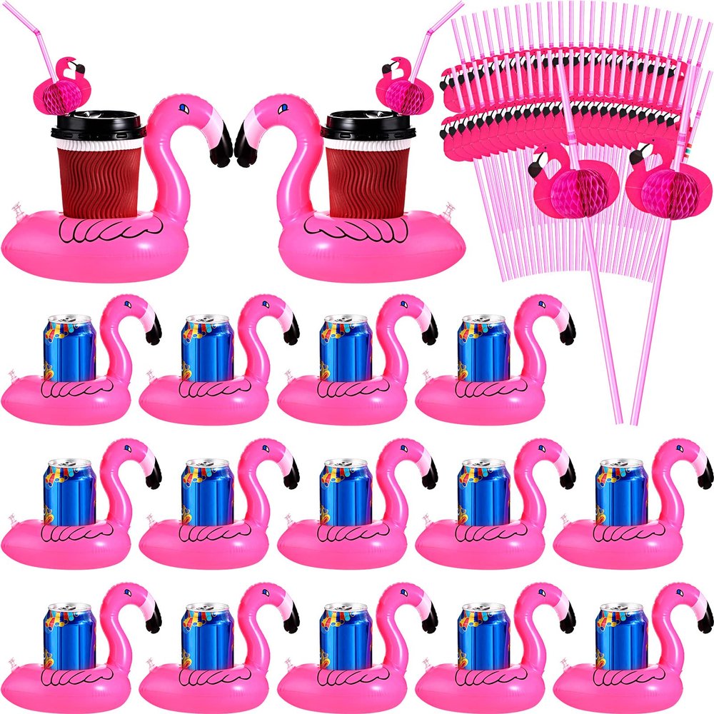 Honeydak 100 Pcs Flamingo Inflatable Drink Holder Bulk Flamingo Floats Coaster with Straws Swimming Pool Cup Holder Party Decorations for Summer Hawaii Birthday Wedding Bachelorette Tableware