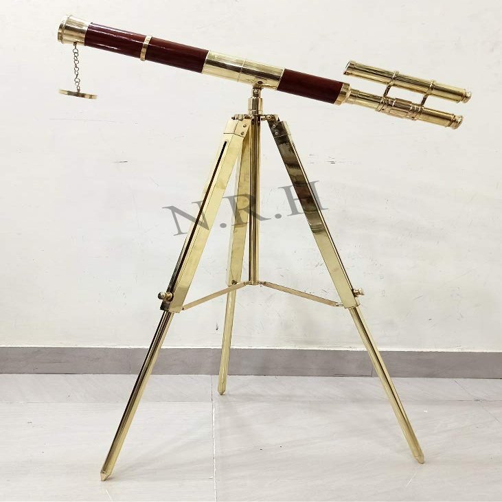 Maritime Brass Double Barrel Telescope Leather Designer Telescope with Tripod Floor Standing Telescopic tripods Base