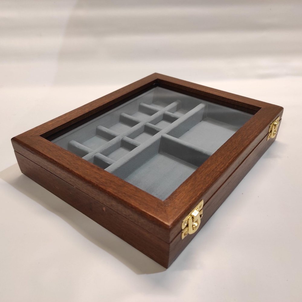 Wooden and glass casket jewelry box (Avio blue velvet in photo)