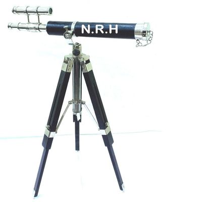 Brass Spyglass Maritime Nautical Double Barrel Telescope with Wooden Tripod Stand Nickle Finish Decor