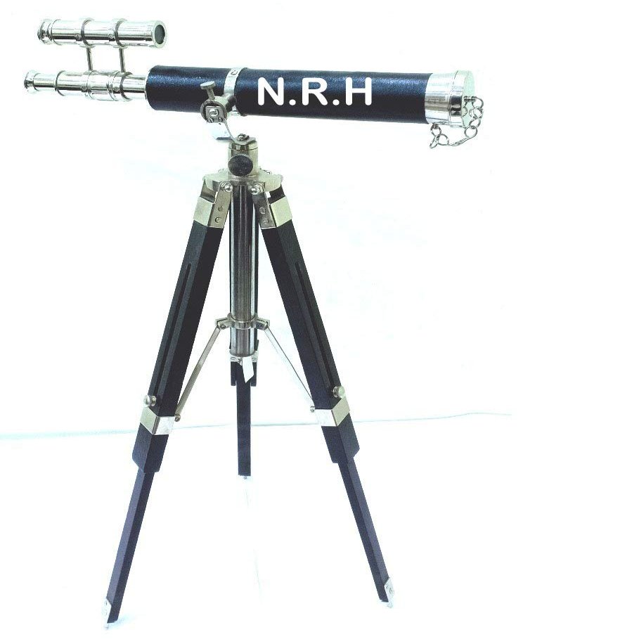 Brass Spyglass Maritime Nautical Double Barrel Telescope with Wooden Tripod Stand Nickle Finish Decor