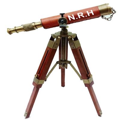 Vintage Antique Brass Telescope Maritime Decorative with Brown Wooden Tripod Stand Telescope