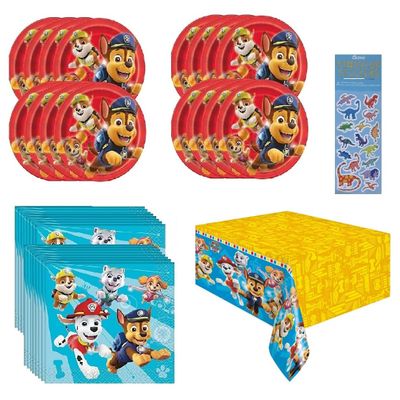 Paw Patrol Birthday Party Supplies Decoration Bundle Pack includes 16 Dessert Cake Paper Plates, 16 Napkins, 1 Table Cover, 1 Dinosaur Sticker Sheet (Bundle for 16)