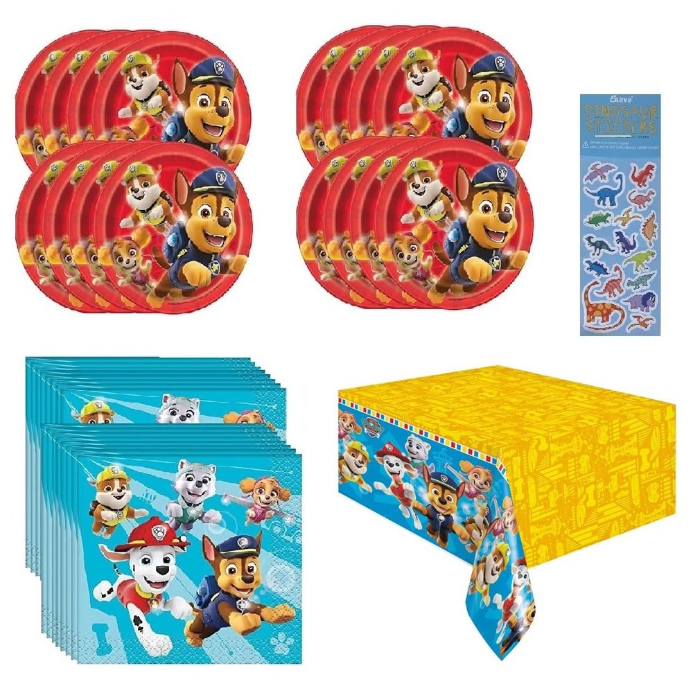 Paw Patrol Birthday Party Supplies Decoration Bundle Pack includes 16 Dessert Cake Paper Plates, 16 Napkins, 1 Table Cover, 1 Dinosaur Sticker Sheet (Bundle for 16)