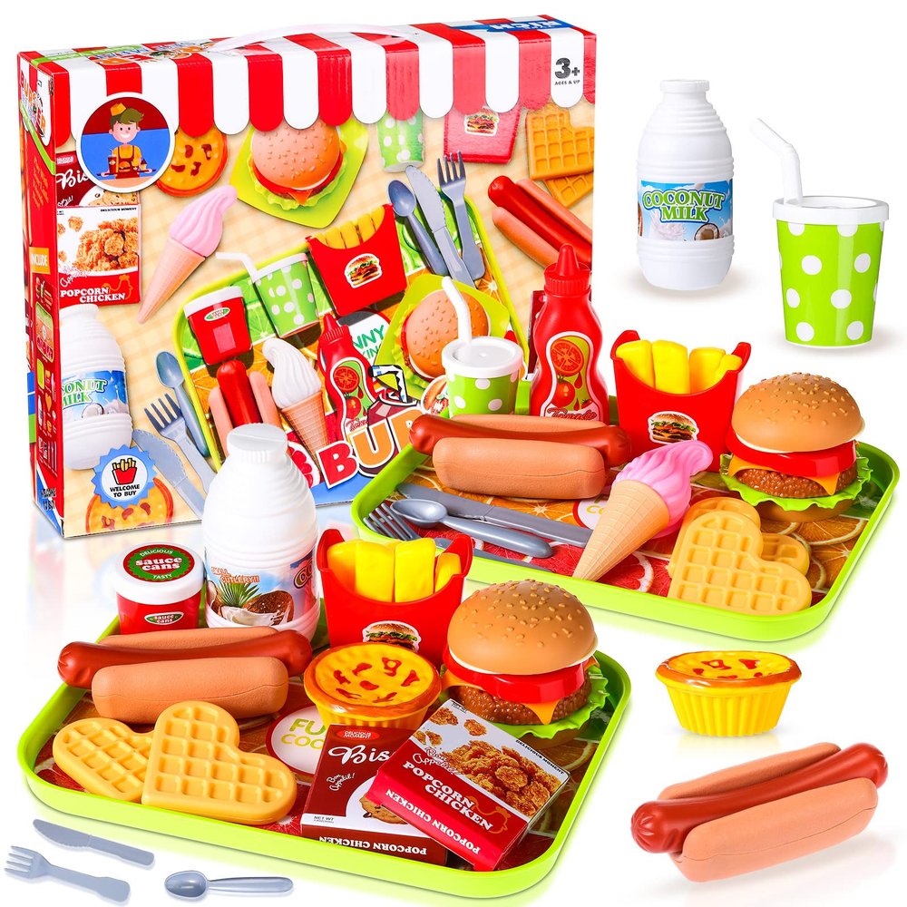 Zomiboo Pretend Food Toy Set for Kid Kitchen, Fake Food Plastic Burgers Sandwich Toys Pretend Preschool Role Play Kitchen Restaurant Sets Birthday Gift for Girls Boys