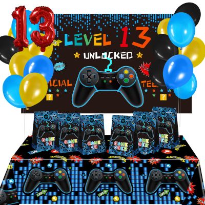 BBTO 13th Video Game Birthday Party Decorations Supplies for Boys 69 Pieces Level 13 up Gaming Birthday Party Decors Video Game Backdrop Table Cover Blue Gamer Balloons Favor Bags
