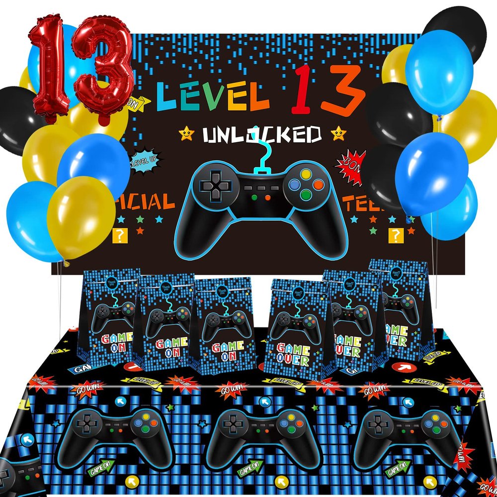 BBTO 13th Video Game Birthday Party Decorations Supplies for Boys 69 Pieces Level 13 up Gaming Birthday Party Decors Video Game Backdrop Table Cover Blue Gamer Balloons Favor Bags