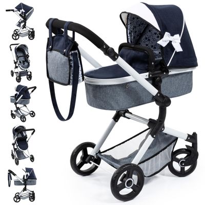 Bayer: Pram Neo Vario - Blue, Grey, White - Includes Shoulder Bag, Fits Dolls Up to 20.5", Convertible to A Pushchair, Adjustable & Rever