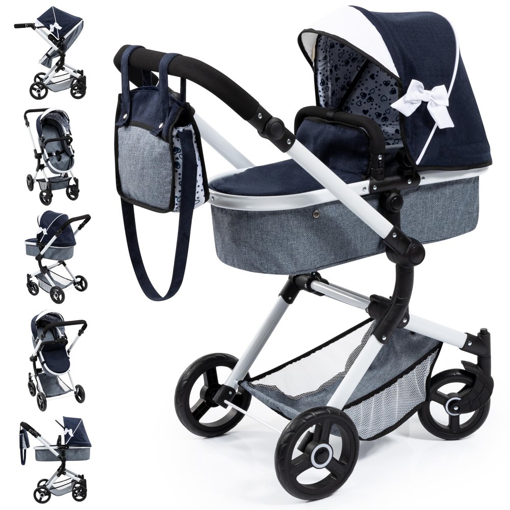 Bayer: Pram Neo Vario - Blue, Grey, White - Includes Shoulder Bag, Fits Dolls Up to 20.5", Convertible to A Pushchair, Adjustable & Rever