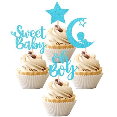 Confetti! 24 PCS Baby Shower Boy Cupcake Toppers with Moon Glitter Star Sweet Baby Boy Cupcake Picks Baby Shower Kids Boys Birthday Party Cake Decorations Supplies Blue (Sweet Baby Boy)