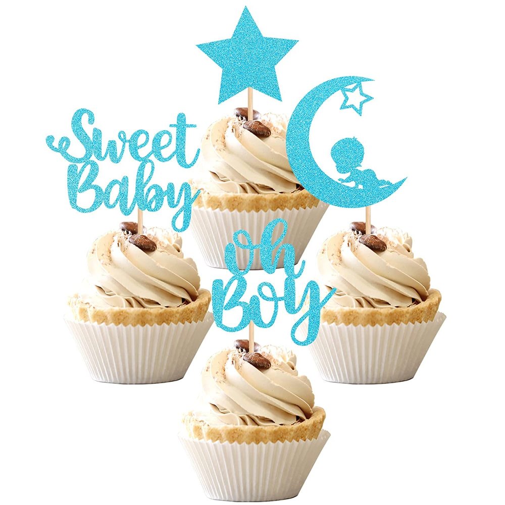 Confetti! 24 PCS Baby Shower Boy Cupcake Toppers with Moon Glitter Star Sweet Baby Boy Cupcake Picks Baby Shower Kids Boys Birthday Party Cake Decorations Supplies Blue (Sweet Baby Boy)