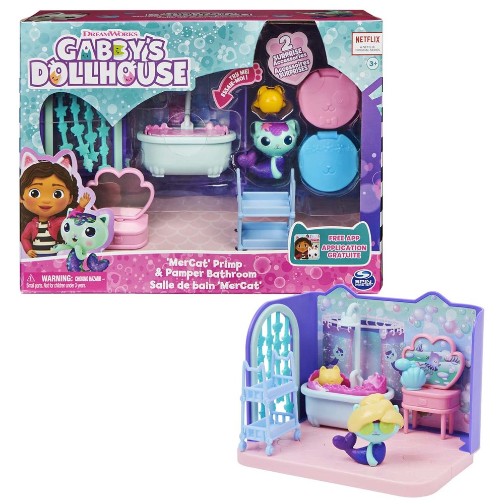 Gabbys Dollhouse, Primp and Pamper Bathroom with Mercat Figure, 3 Accessories, 3 Furniture and 2 Deliveries, Kids Toys for Ages 3 and up