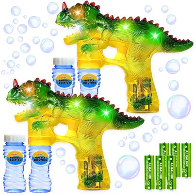 Dinosaur Bubble Guns: Set of 2 Bubble Toys | Battery Operated Bubble Maker Toy for Toddlers and Kids | 6 Batteries and 4 Refill Bottles Included