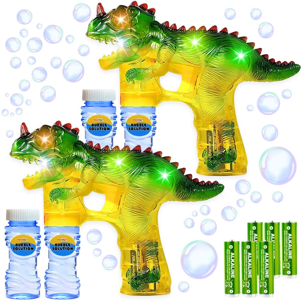 Dinosaur Bubble Guns: Set of 2 Bubble Toys | Battery Operated Bubble Maker Toy for Toddlers and Kids | 6 Batteries and 4 Refill Bottles Included