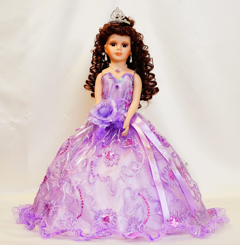 18 Quinceaera Last Doll with Umbrella Dress Stand  ltima Mueca Mis Quince Aos Keepsake, Traditional Hispanic Sweet 15 Doll, Ceremony & Table Centerpiece KK18725-5 (Light Purple)