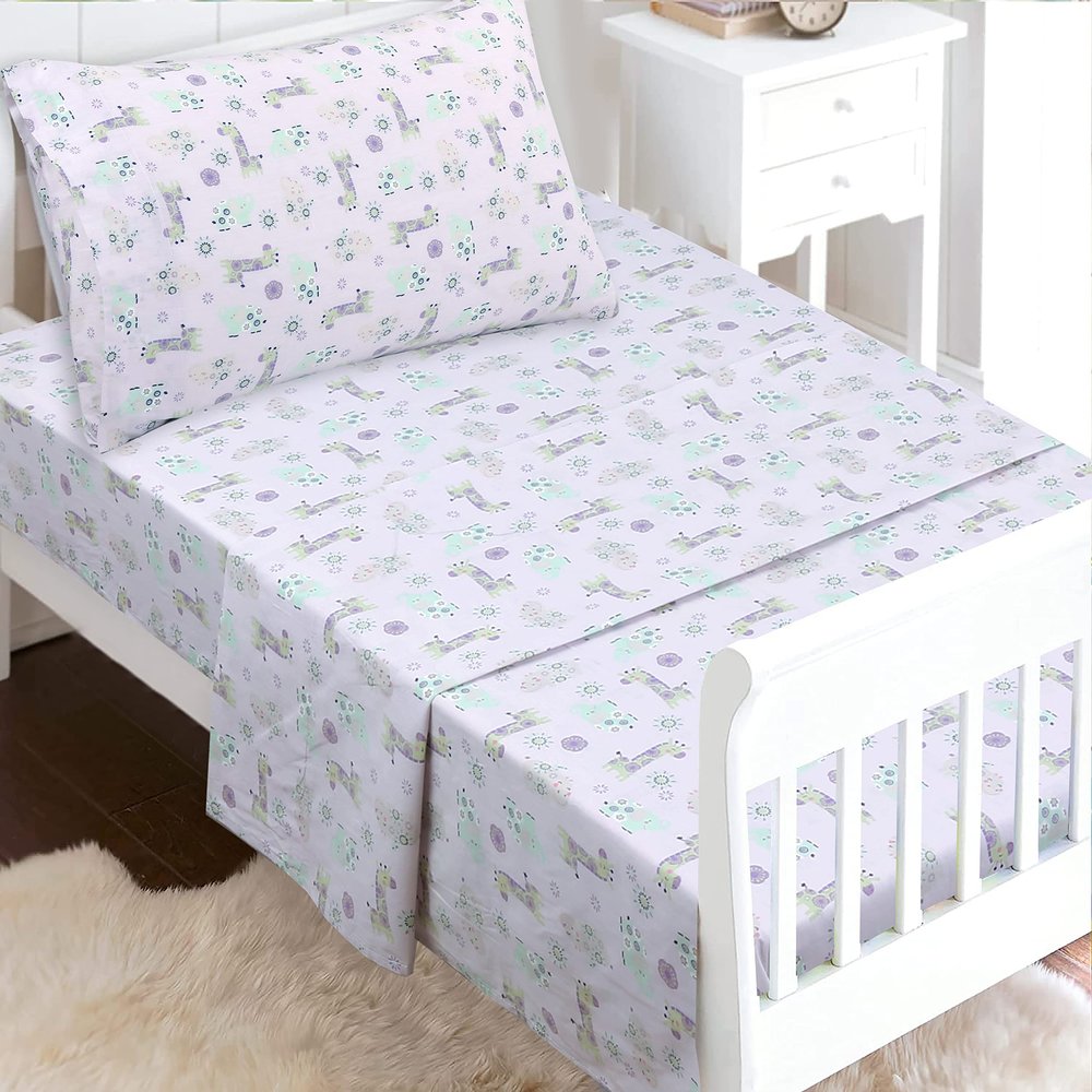 100 Cotton 3 Piece Toddler Sheet Set, Soft Breathable Crib Bedding Set for Girls Includes a Flat Sheet, a Fitted Sheet, a Pillowcase, Gypsy Floral Animals Giraffe Hippo Elephant Pink