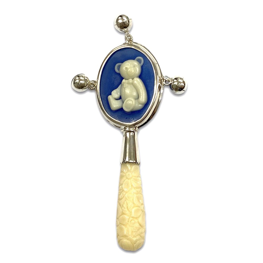 Victorian Style Teddy Bear Blue Cameo Baby Rattle with Carved Resin Handle
