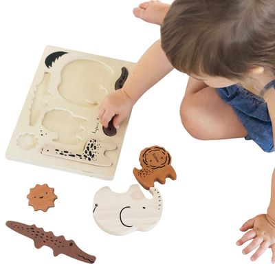 Wee Gallery Wooden Tray Puzzle Safari Animals, Montessori Toy for Toddlers and Preschoolers for Early Learning and Fine Motor Skill Development, Sustainable Educational Puzzle for Kids
