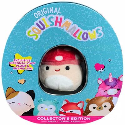 Squishmallows Official Kellytoy Collectors Tin Set with Micromallow Exclusive Pin and Trading Cads Choose Your Favorite or Collect Them All (Malcom The Mushroom)