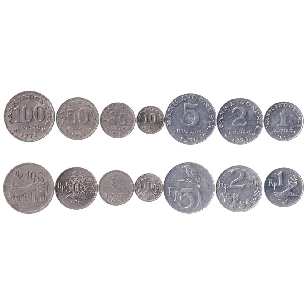 7 Coins from Indonesia | Indonesian Coin Set Collection 1 2 5 10 25 50 100 Rupiah | Circulated 1970-1978 | Cotton stalks | White-Browed fantail | Black Drongo | Victoria Crowned Pigeon