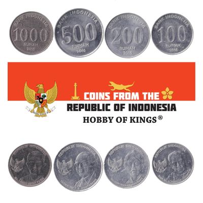 4 Coins from Indonesia | Indonesian Coin Set Collection 100 200 500 1000 Rupiah | Circulated 2016 | Diponegoro | Tjipto Mangoenkoesoemo | Tahi Bonar Simatupang | Herman Johannes