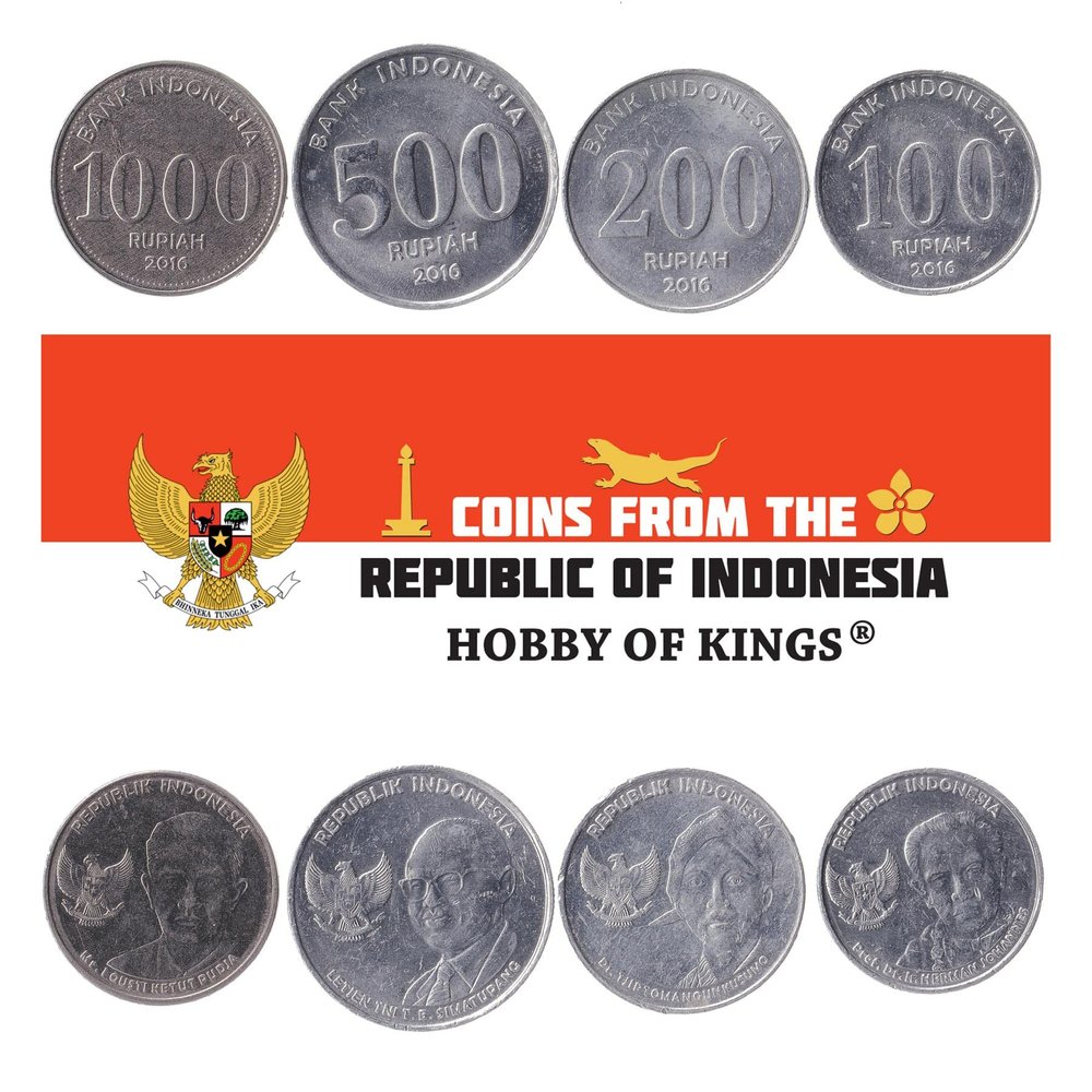 4 Coins from Indonesia | Indonesian Coin Set Collection 100 200 500 1000 Rupiah | Circulated 2016 | Diponegoro | Tjipto Mangoenkoesoemo | Tahi Bonar Simatupang | Herman Johannes