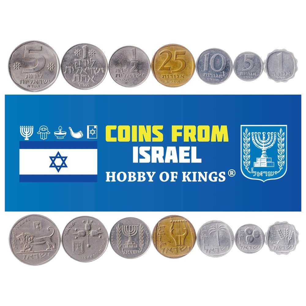 7 Coins from Israel | Israeli Coin Set Collection 1 5 10 25 Agorot  1 5 Lirot | Circulated 1960-1980 | Pomegranates | Palm Tree | Lion | Lyre | Star | Olive Branches | Hanukkiyah | Barley Ears