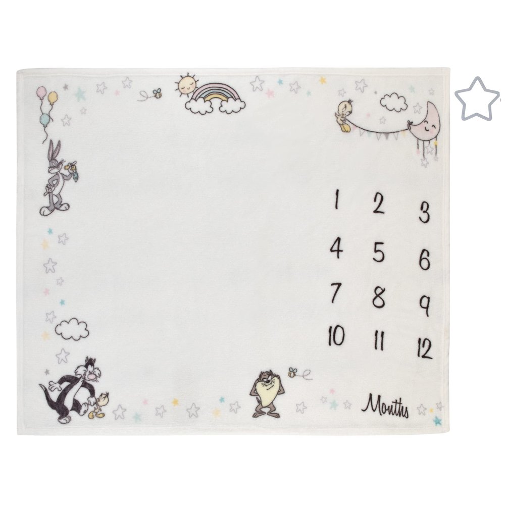 Warner Brothers Looney Tunes Best Buds White with Pastel Blue, Pink, and Yellow Bugs Bunny, Tweety, Tasmanian Devil, and Sylvester The Cat Milestone Blanket