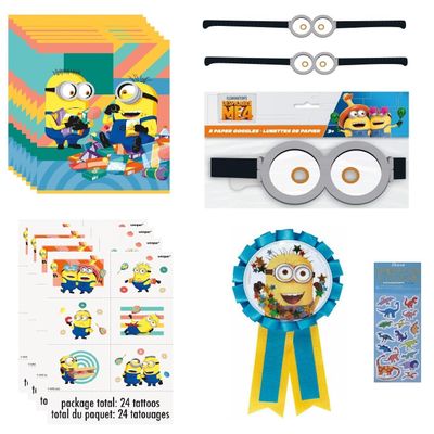 Unique Despicable Me Birthday Party Supplies Favor Bundle Pack includes 8 Loot Bags, 8 Party Paper Goggles, 24Tattoos, 1 Award Ribbon, 1 Dinosaur Sticker Sheet