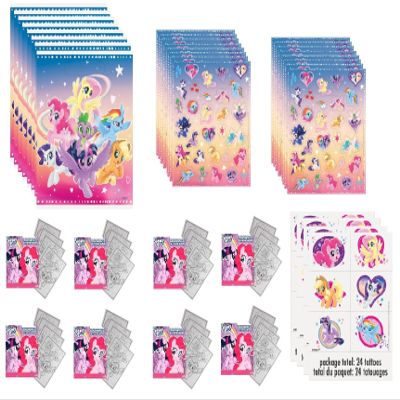 My Little Pony Birthday Party Supplies Favor Bundle Set includes 8 Loot Bags, 8 Sticker Sheets, 8 Small Activity Pads, 24Tattoos (Total 28 Pieces)
