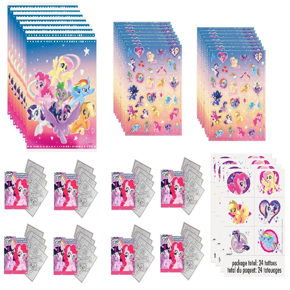 My Little Pony Birthday Party Supplies Favor Bundle Set includes 8 Loot Bags, 8 Sticker Sheets, 8 Small Activity Pads, 24Tattoos (Total 28 Pieces)