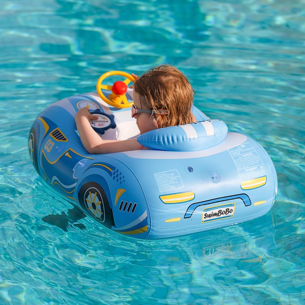 Swimbobo Toddler Pool Float with Seat Boat Inflatable Ride-on Car for Kids Outdoor Toys(Blue Sport Car)
