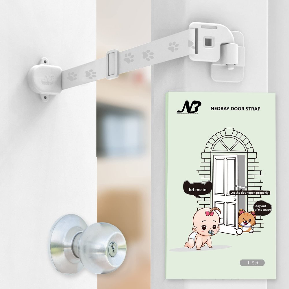 Neobay Child Proof Door Lock & Adjustable Cat Door Latch, No Need for Interior Cat Door, Keeps Toddler Out of Litter Box, No-Drill Door Locks for Kids Safety, Easy Adult Access